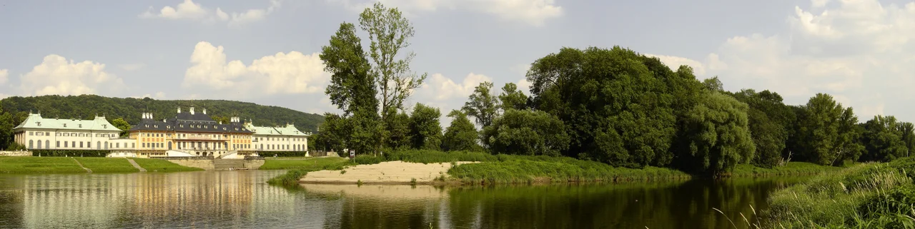 Panorama of the Schloss Pillnitz and the Elbe island at Kleinzschachwitz in Dresden, Germany