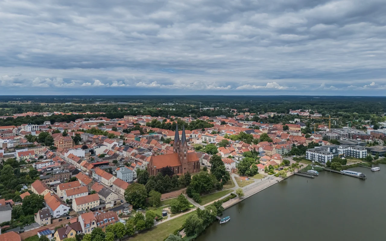 Aerial view of fortified old town of Neuruppin, Brandenburg, Germany