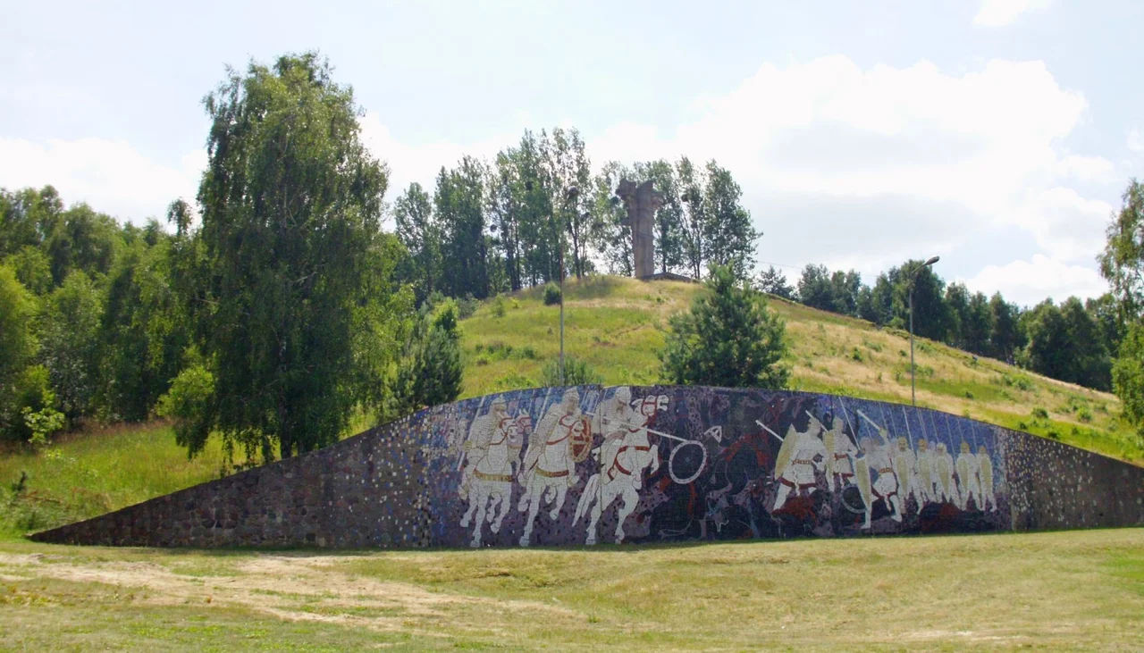 Monument to the Battle of Cedynia / Zehden (972) - Large stone mosaic with battle scene. Created by Jerzy Chmielewski and Kazimierz Błonko.
