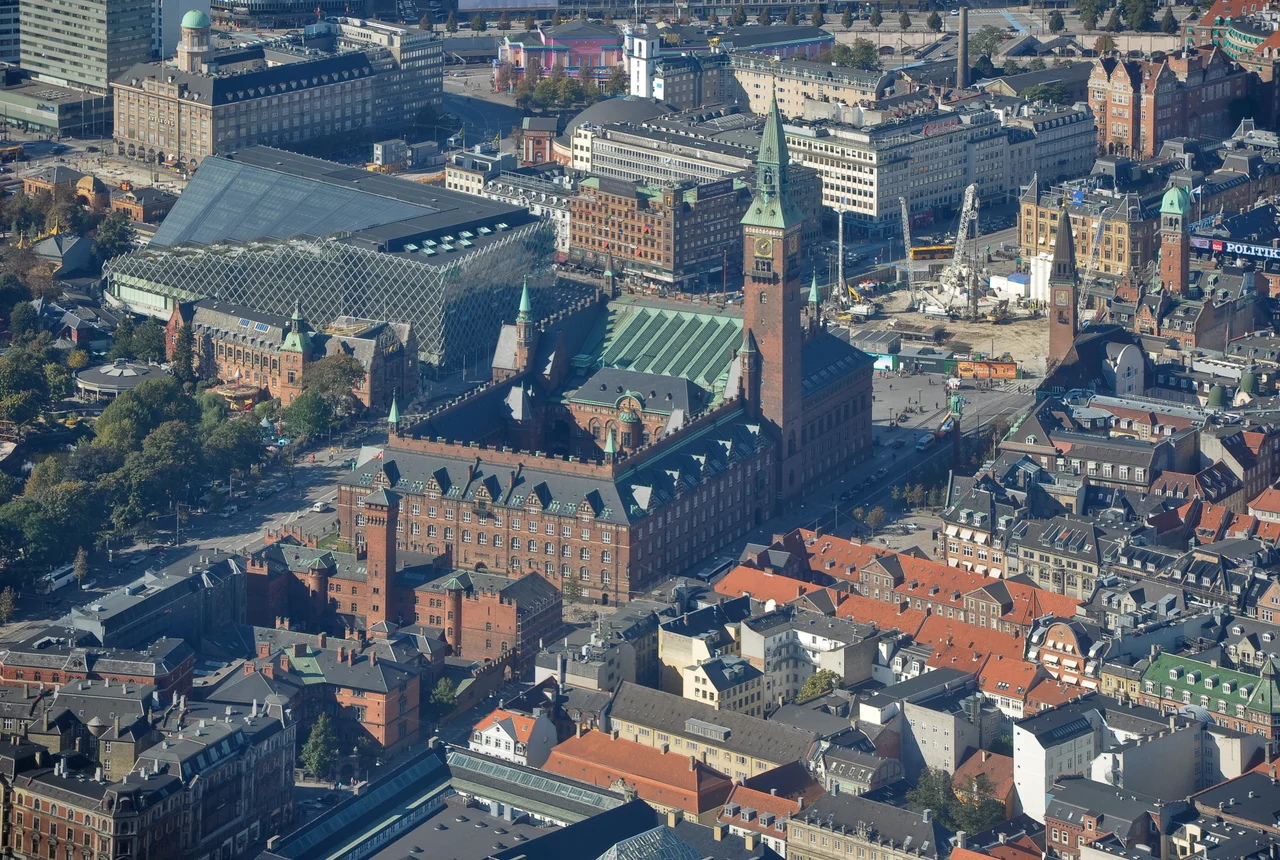 Aerial view of the Town Hall of Copenhagen, Denmark, from the East.
