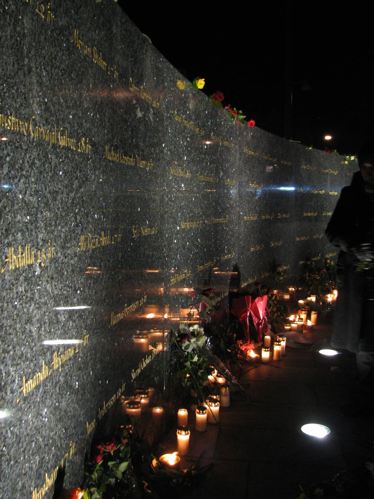 The just unveiled monument at Backaplan, Gothenburg, Sweden, by Claes Hake in memory of the 63 young people who died in the flames in a discoteque exactly 10 years before.