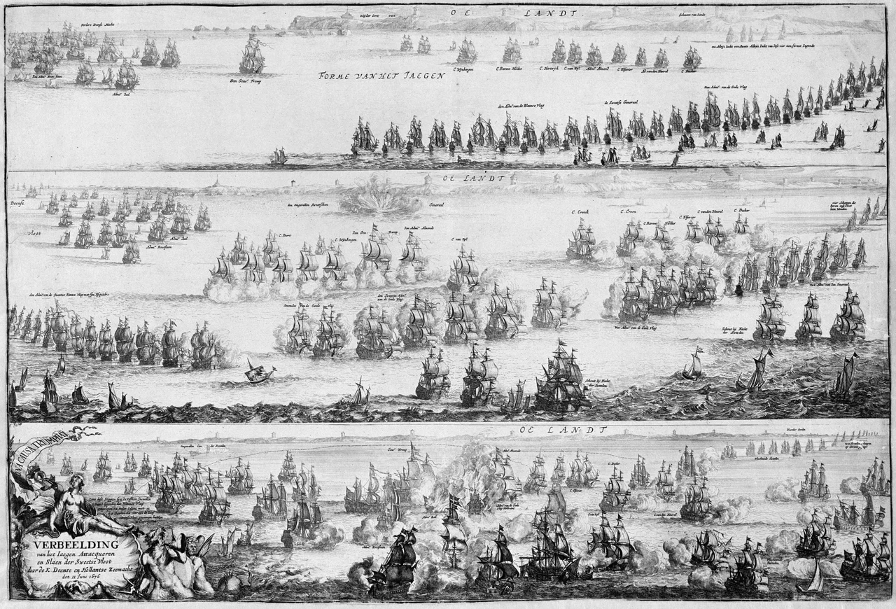 Depiction of the Battle of Öland in 1676, between the combined Danish-Dutch fleet, commanded by Cornelis Tromp, and the Swedish fleet commanded by Lorentz Creutz. The battle was a major failure for the Swedes since they lost two of their largest ships, Kronan (foundered by accident) and Svärdet (sunk by a Dutch fireship) with a loss of close to 1,200 men.
