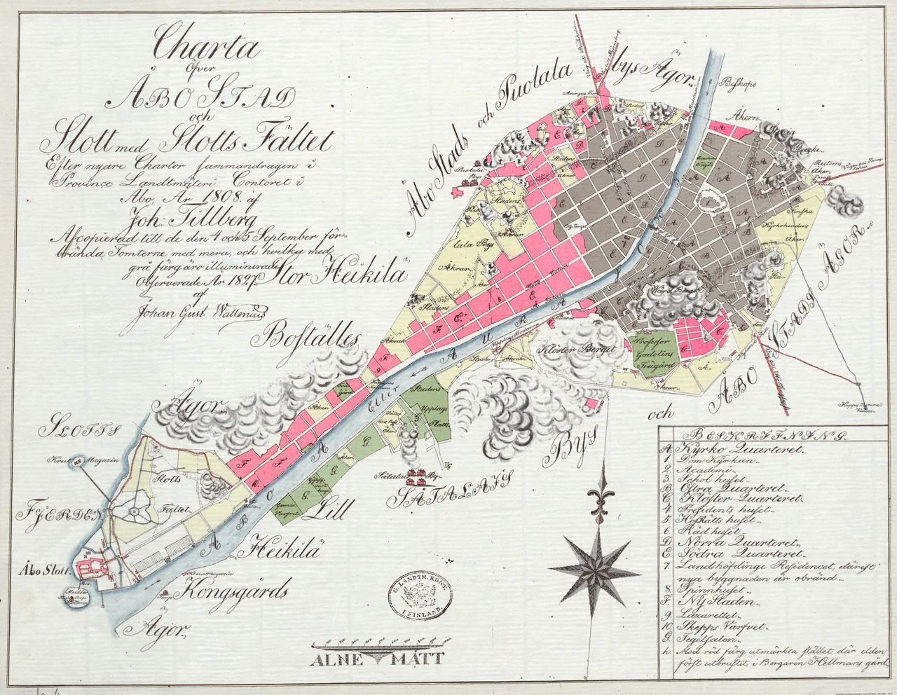 City map of Turku (Åbo) in Finland. The map was originally drawn in 1808 but area burned in the great fire of 1827 has later been marked in the map in grey.