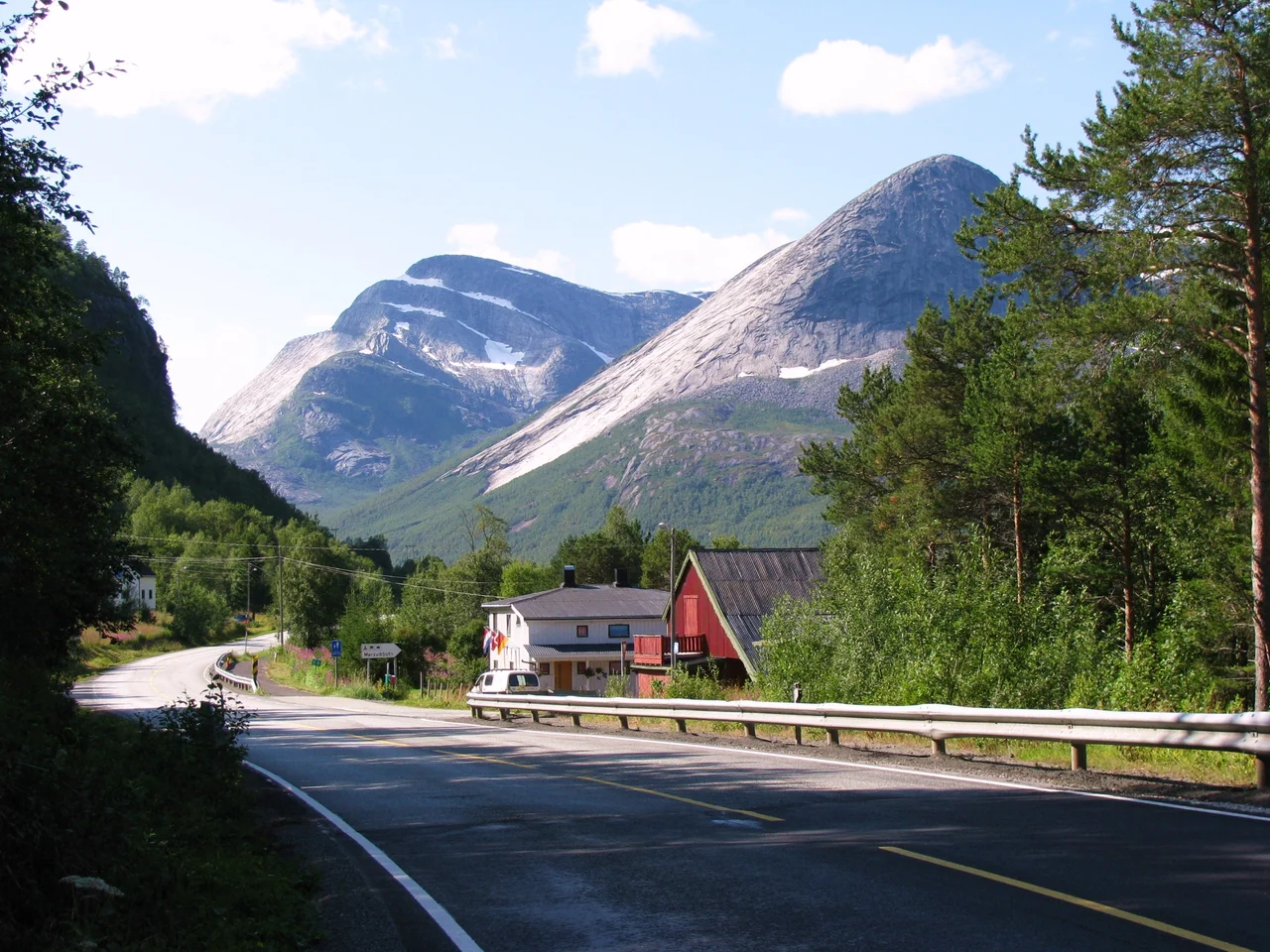 Mørsvikbotn village in Sørfold municipality, Nordland county, Norway. This village is located at the head of the innermost part of the fjord (Folda), 150 km north of the Arctic Circle, surrounded by forest and mountains. The road is E6, view towards south.