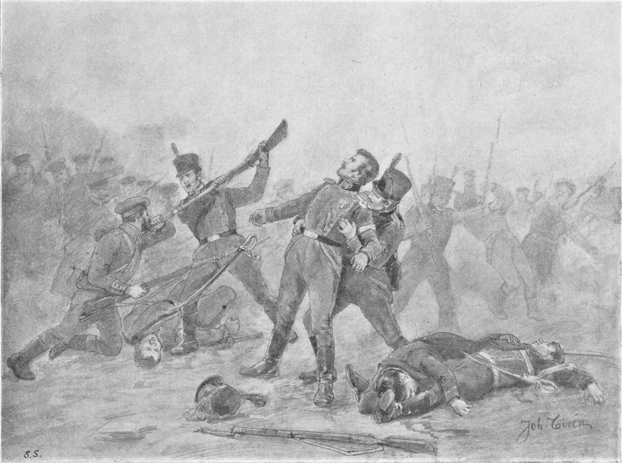 Joachim Zachris Duncker in the Battle of Hörnefors in 1809, during the Finnish War; while covering the Swedish retreat, in the rearguard, Duncker is mortally wounded and dies shortly thereafter, as a result of what would become the last battle of the war in which Finnish troops participated.