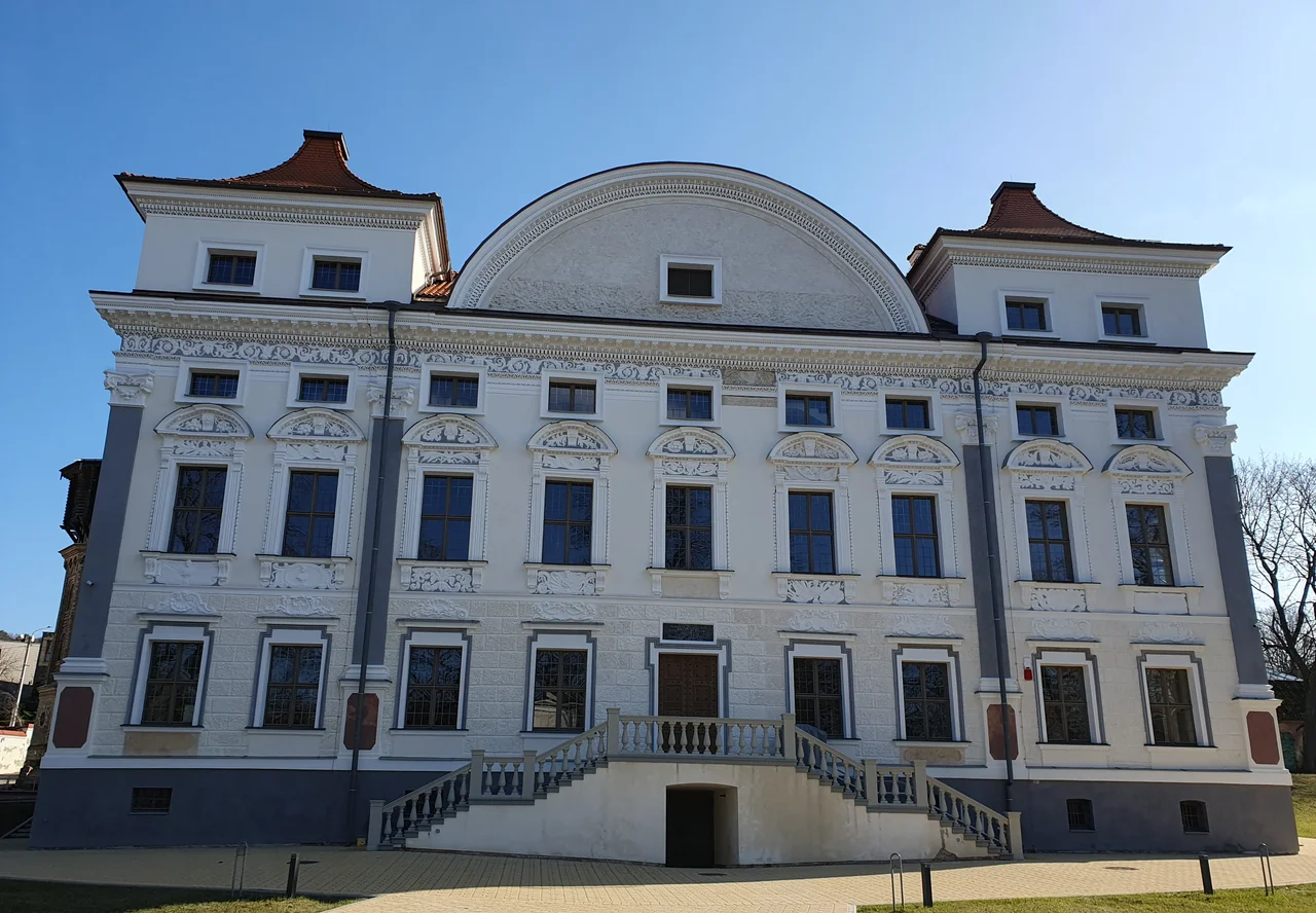 Main façade of the Sapiegos Palace in Antakalnis eldership in Vilnius, Lithuania in 2024.