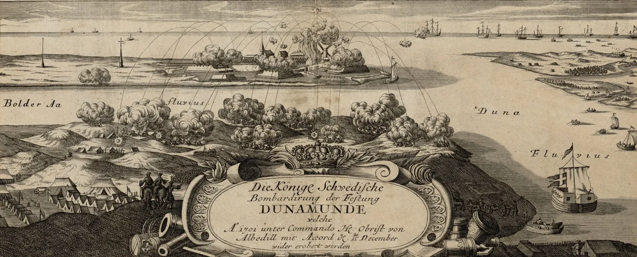Swedish army bombarding the fortress of Dunamunde. A 17th-century etching.
The caption reads: Die Königl. Schwedische Bombadirung der Festung DUNAMUNDE welche Ao 1701 unter Commando Hr. Obrist von Albedill mit Accord de 11 December wider erobert worden. 

(Royal Swedish bombardment of the stronghold of Dunamunde which was reconquered under the command of Colonel von Albedyll by surrender on Dec 11 in the year 1701.)