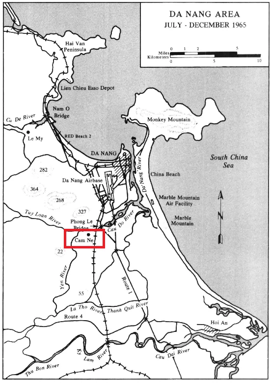 Map of the Da Nang, Vietnam, area showing locations of Marine Corps positions during the period July-December, 1965