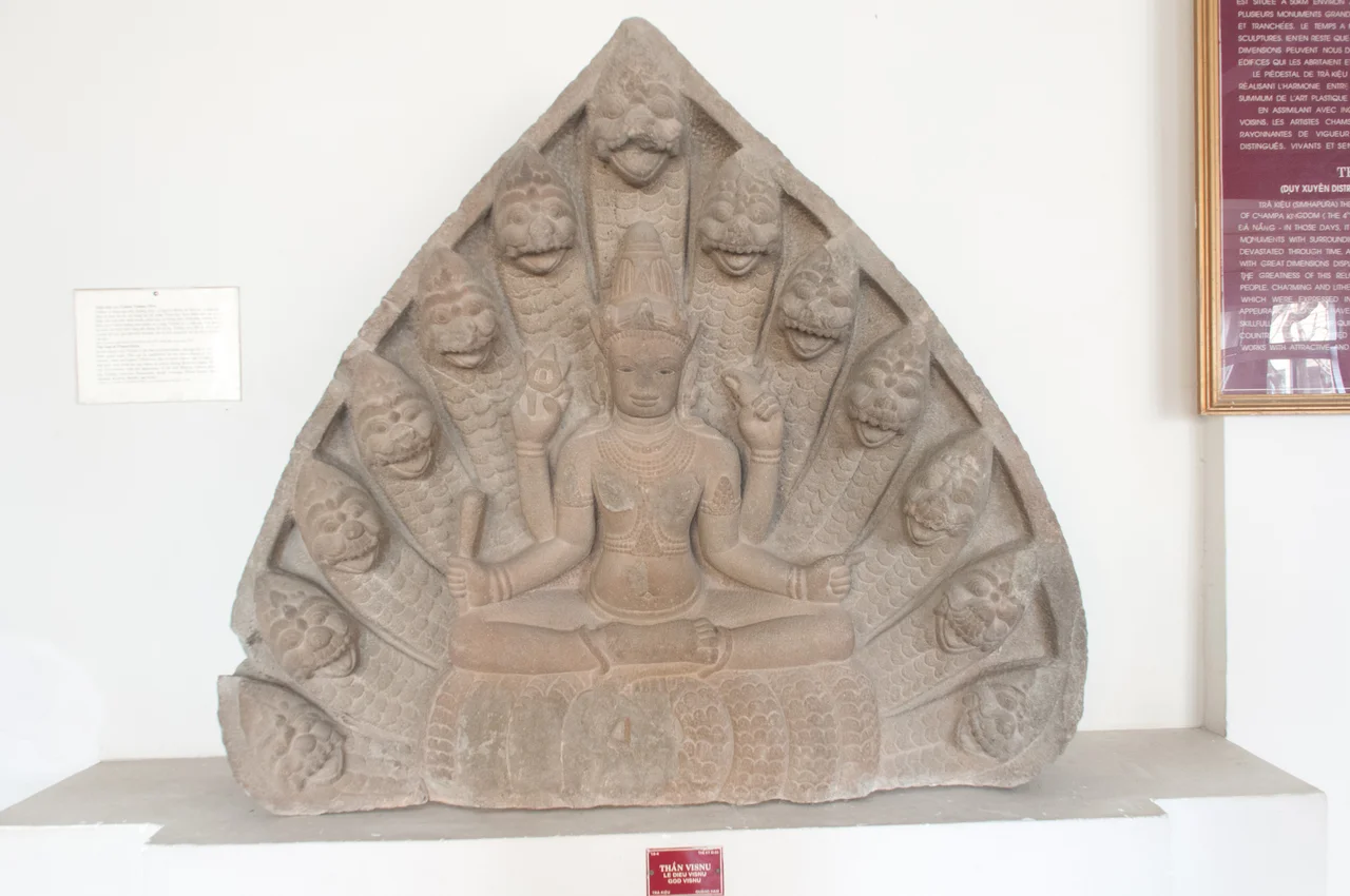 Stone image of the god Visnu on display at the Museum of Cham Sculpture (Da Nang)