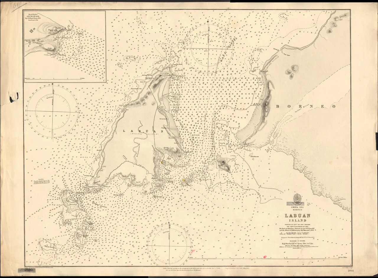 Nautical chart of Labuan Island. Surveyed by Capt. Edward Belcher and Lieut. D.M. Gordon, 1847; The East and Kuraman Channels by Lieut. W.O. Lyne and the officers of H.M. Surveying Ship Waterwitch, 1901. Not current - not to be used for navigation!