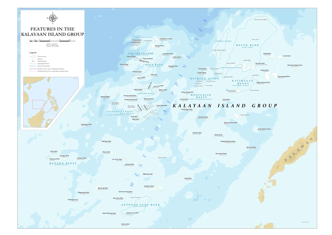 Unofficial map of the Spratlys (Kalayaan Island Group; KIG) West Philippine Sea in the South China Sea as prepared by the National Mapping and Resource Information Authority (NAMRIA)