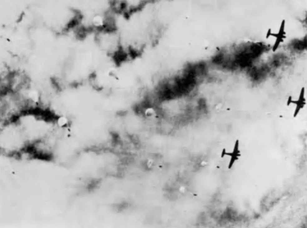 Japanese paras dropping over Langoan Airfield, Manado, 1942
