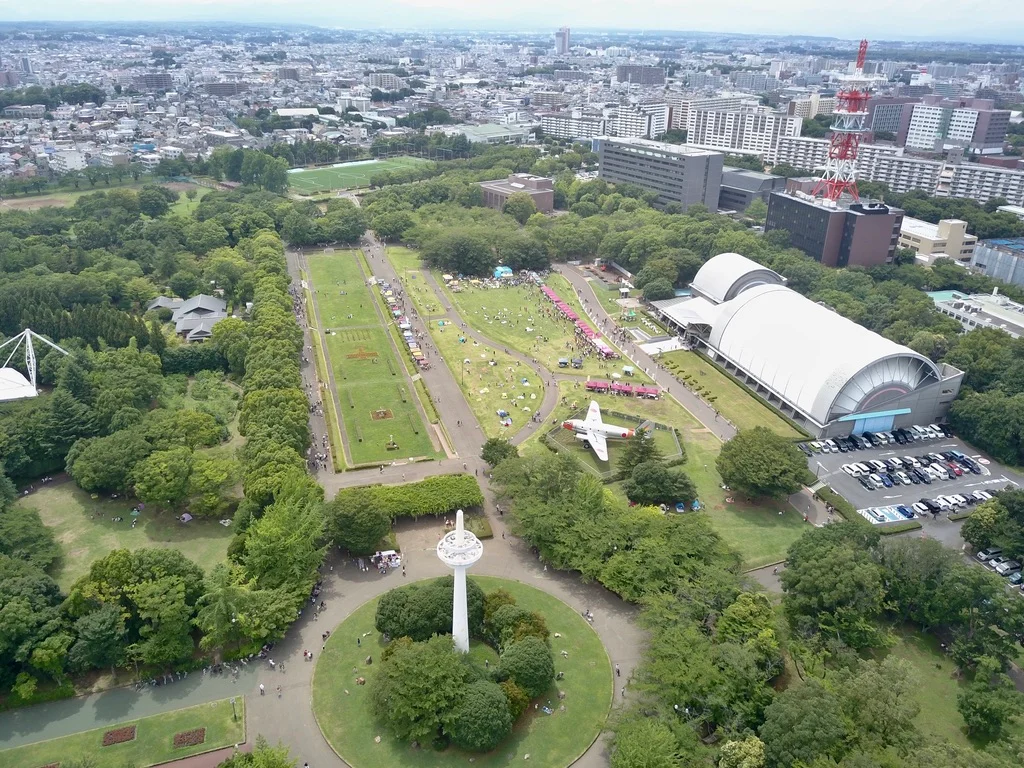 Aerial View of the Tokorozawa Aviation Memorial Park. In the left center (right of the trees), is the location of the original air field. The Tokorozawa Aviation Museum is to the right.
