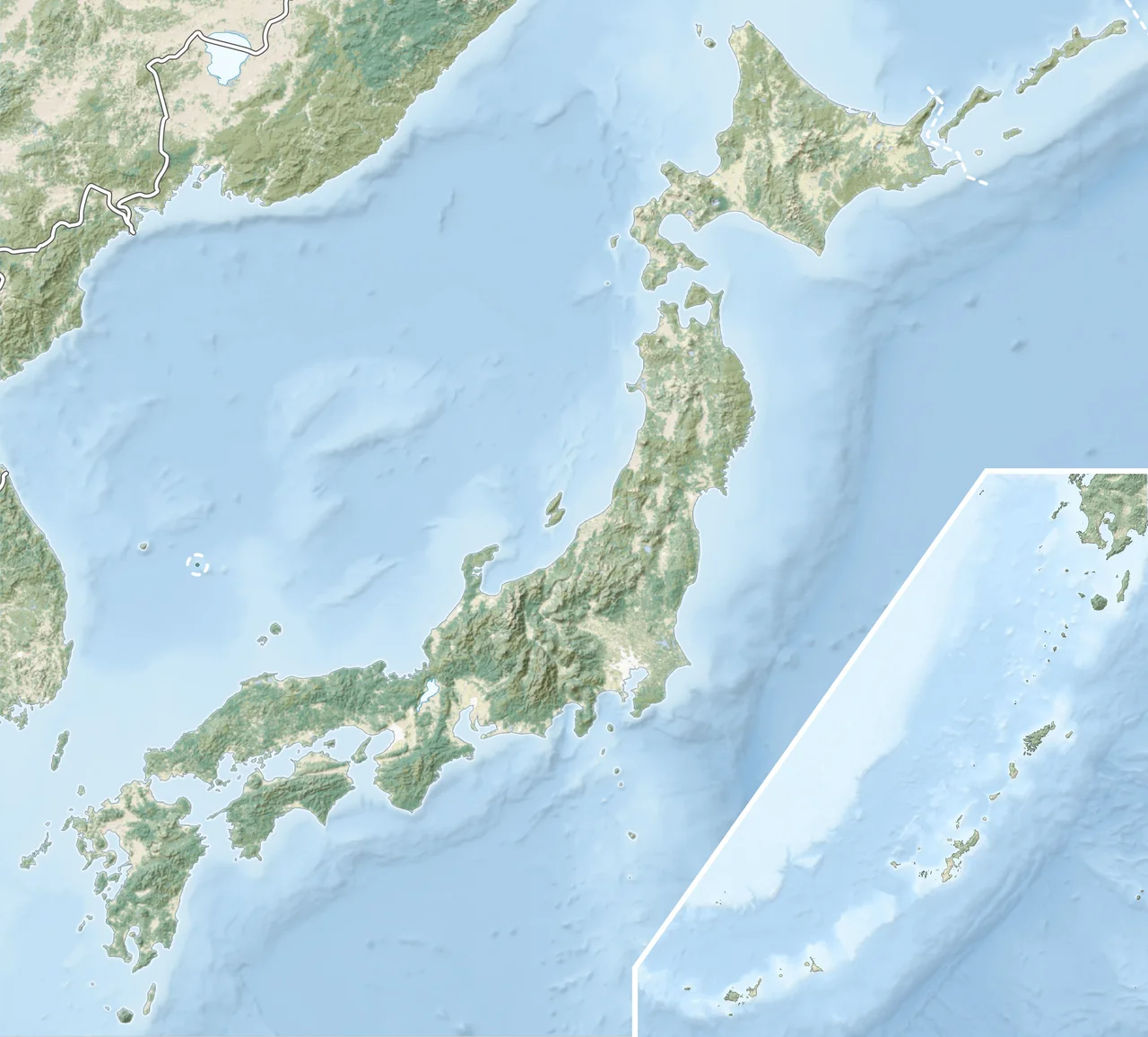 Natural Location map of Japan
Equirectangular projection.
Geographic limits to locate objects in the main map with the main islands:
N: 45°51'37" N (45.86°N)
S: 30°01'13" N (30.02°N)
W: 128°14'24" E (128.24°E)
E: 149°16'13" E (149.27°E)
Geographic limits to locate objects in the side map with the Ryukyu Islands:
N: 39°32'25" N (39.54°N)
S: 23°42'36" N (23.71°N)
W: 110°25'49" E (110.43°E)
E: 131°26'25" E (131.44°E)