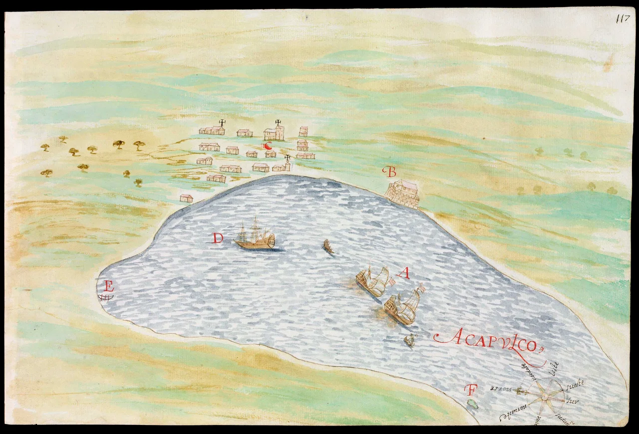 Bay and city of Acapulco in Mexico, in a Spanish map of 1632. Page 117 of the Descripciones geográficas e hidrográficas de muchas tierras y mares del Norte y Sur en las Indias, en especial del descubrimiento del Reino de la California (Geographic and hydrographic descriptions of many northern and southern lands and seas in the Indies, specifically the discovery of the kingdom of California), written by captain Nicolás de Cardona after his expedition of 1614.
On page 116 the legend reads:
A. The ships of the expedition.
B. The castle of San Diego.
C. The town.
D. A ship that has come from Japan.
E. Los Manzanillos.
F. El Grifo.